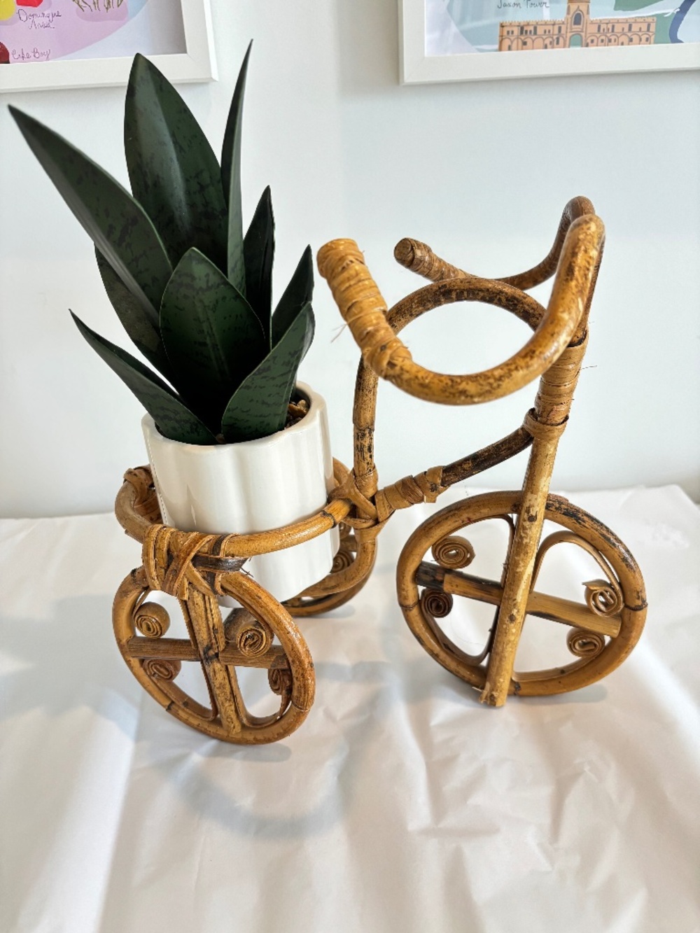 Vintage rattan bamboo bicycle plant stand woven tricycle design boho decor 1970s